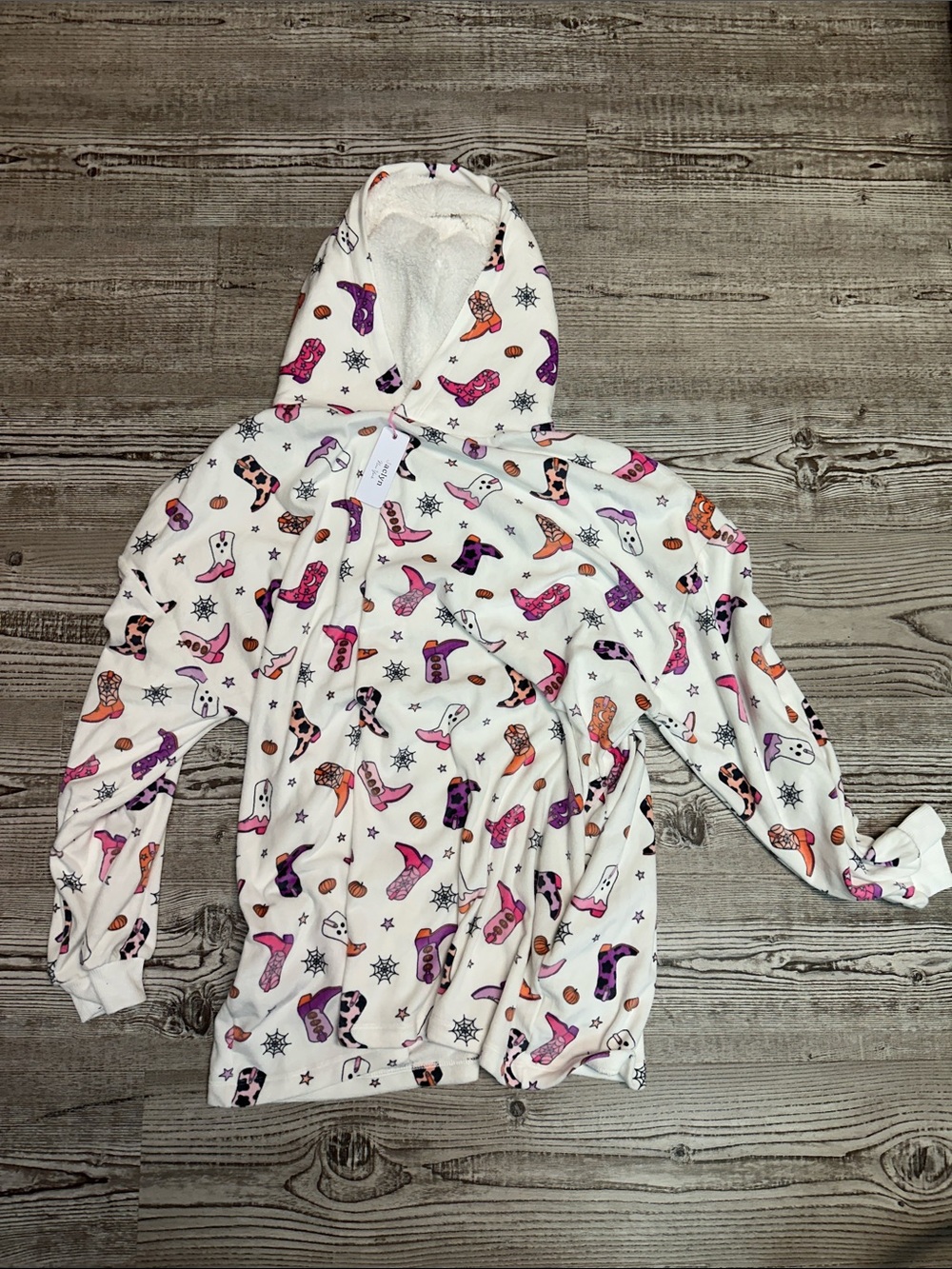 Cozy White Hooded Pajama Top with Pink & Purple Boot Print